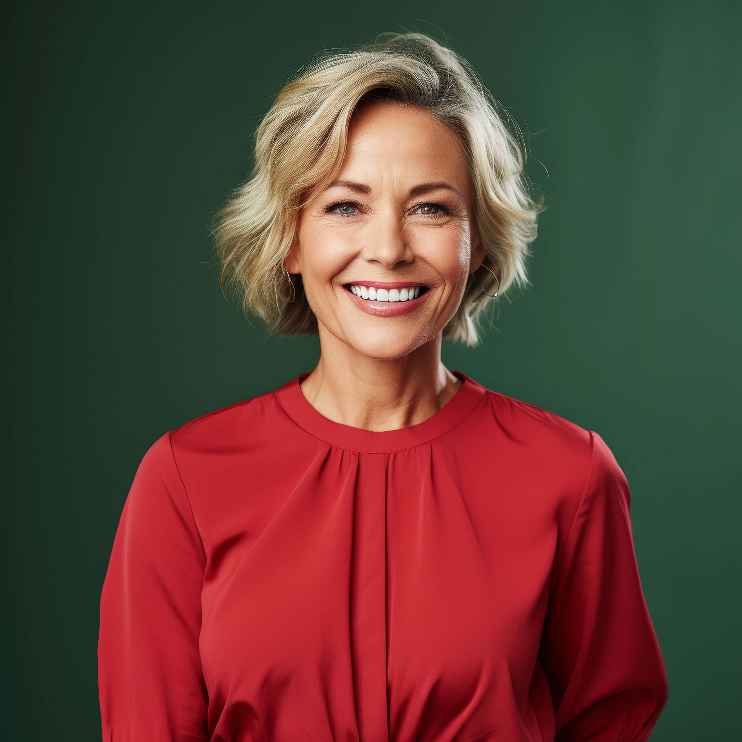 Smiling mature Norwegian woman in red blouse on green background